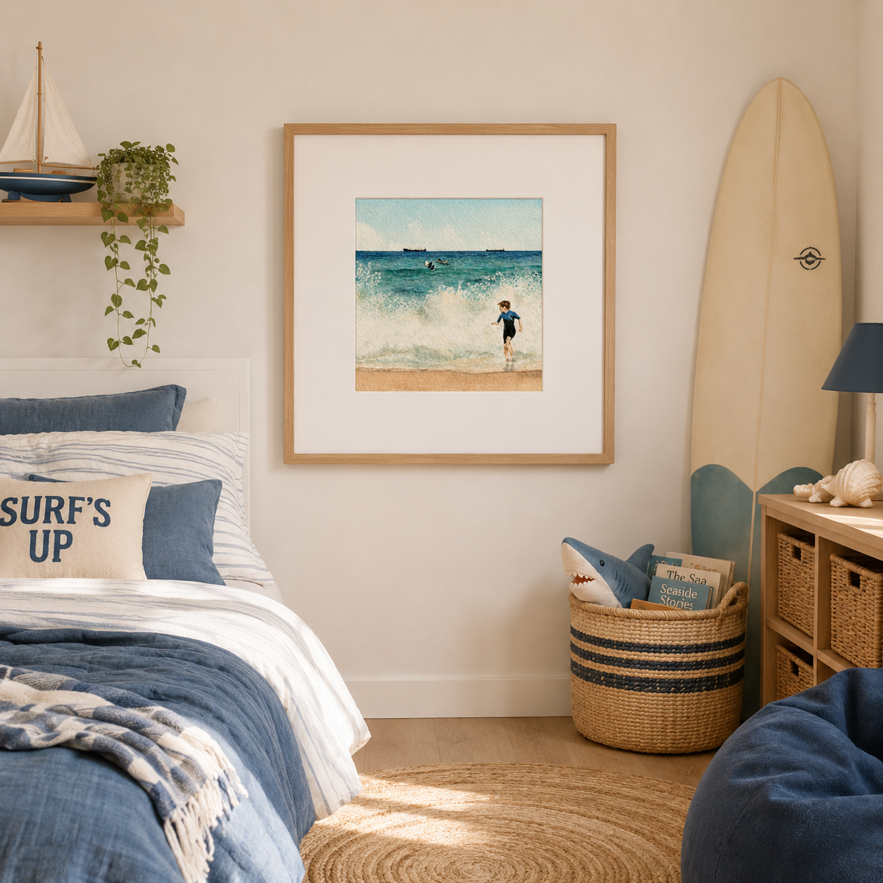 Shore Break Courage framed coastal artwork styled in a relaxed surf-inspired boys bedroom
