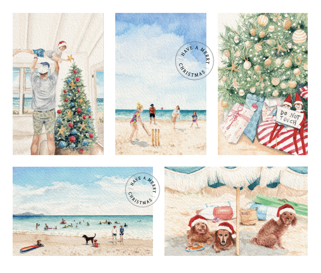 Five original Australian Christmas watercolour illustrations featuring tree decorating, beach cricket, Christmas presents, a family beach swim and dogs under a beach umbrella.