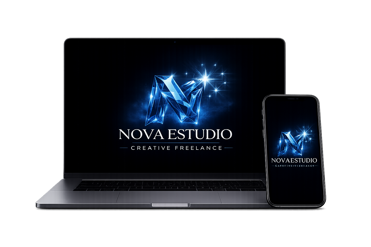 A digital graphic of a laptop and smartphone displays the Nova Estudio logo, featuring a blue crystalline 'N' with sparkles, and the text 'NOVA ESTUDIO CREATIVE FREELANCE' on a dark background.