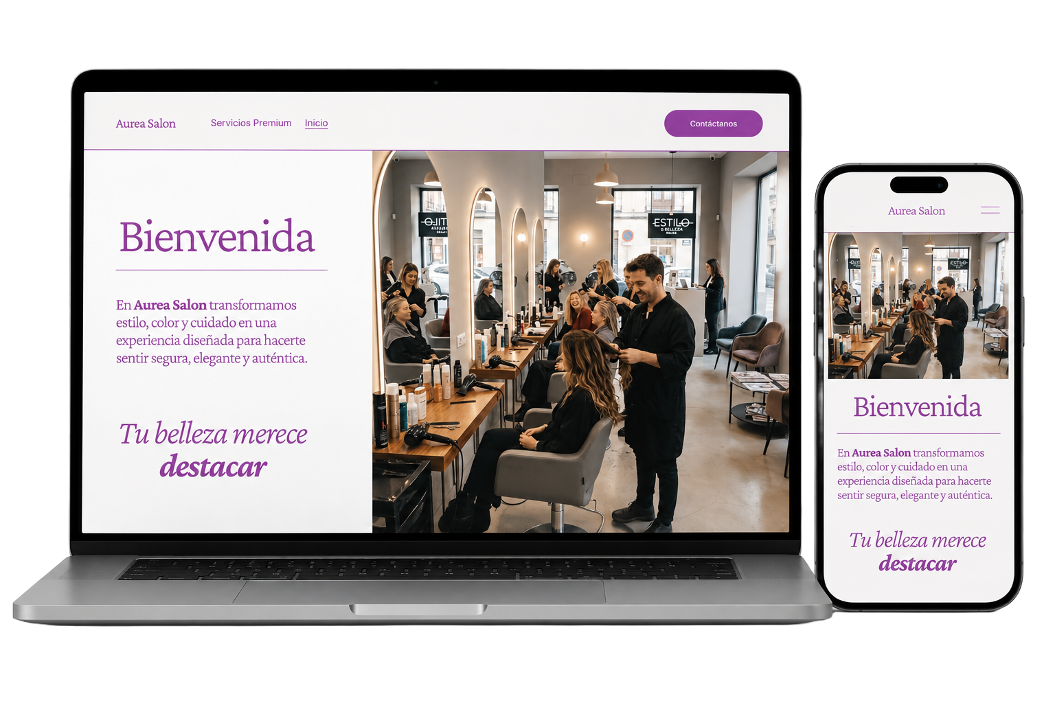 Screenshot of a website for Aurea Salon shown on a laptop and a smartphone. The page features an interior view of a modern salon with clients getting hair treatments, and a welcoming text in Spanish about transforming style, color, and care.