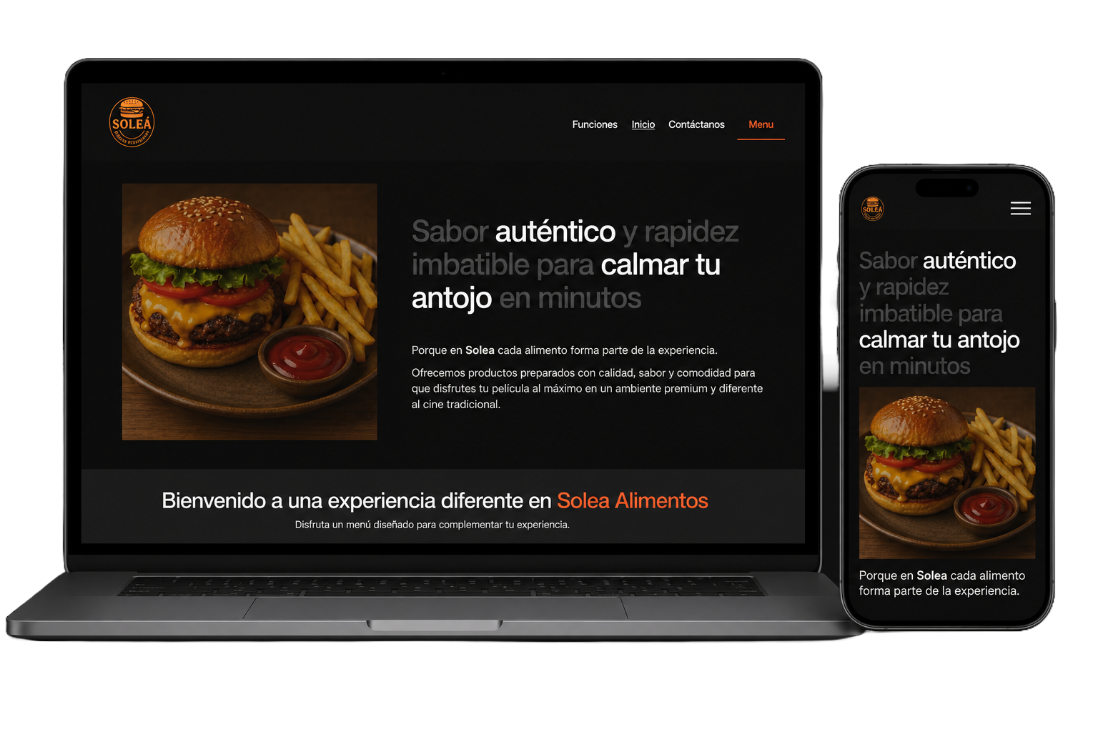 A laptop and smartphone displaying the website of Solea Alimentos, featuring a hamburger with fries and ketchup on the screen, with Spanish text about the company's offerings and experience.