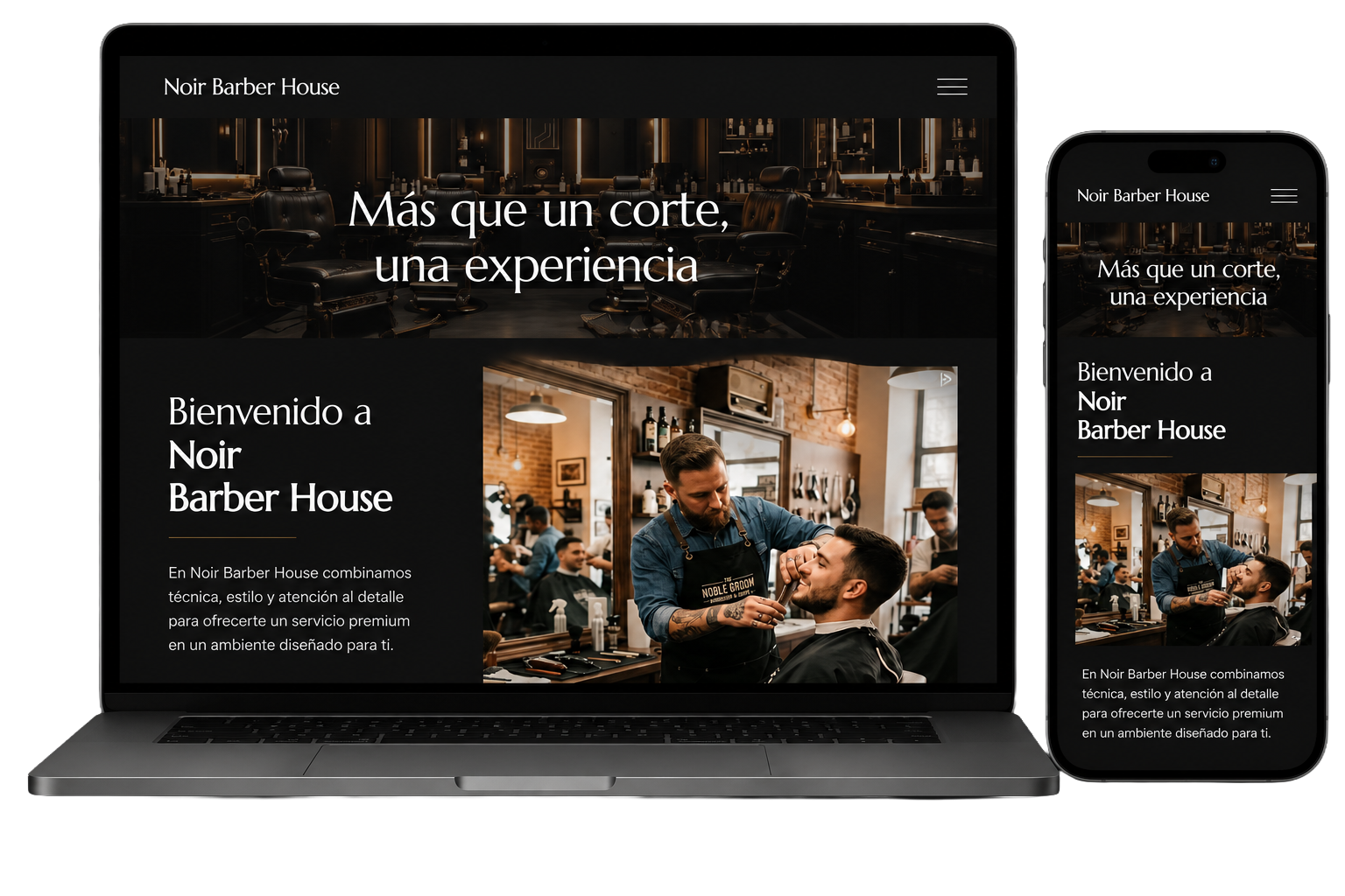 Website screens for Noir Barber House, displaying a barbershop interior with barber chairs and a photo of a barber cutting a customer's hair, with accompanying text in Spanish.