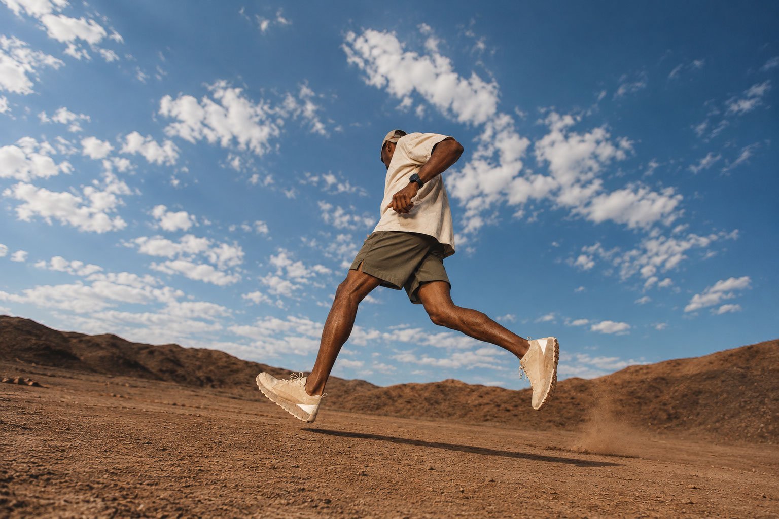 A man running on a dirt trail with a clear blue sky and scattered clouds overhead.