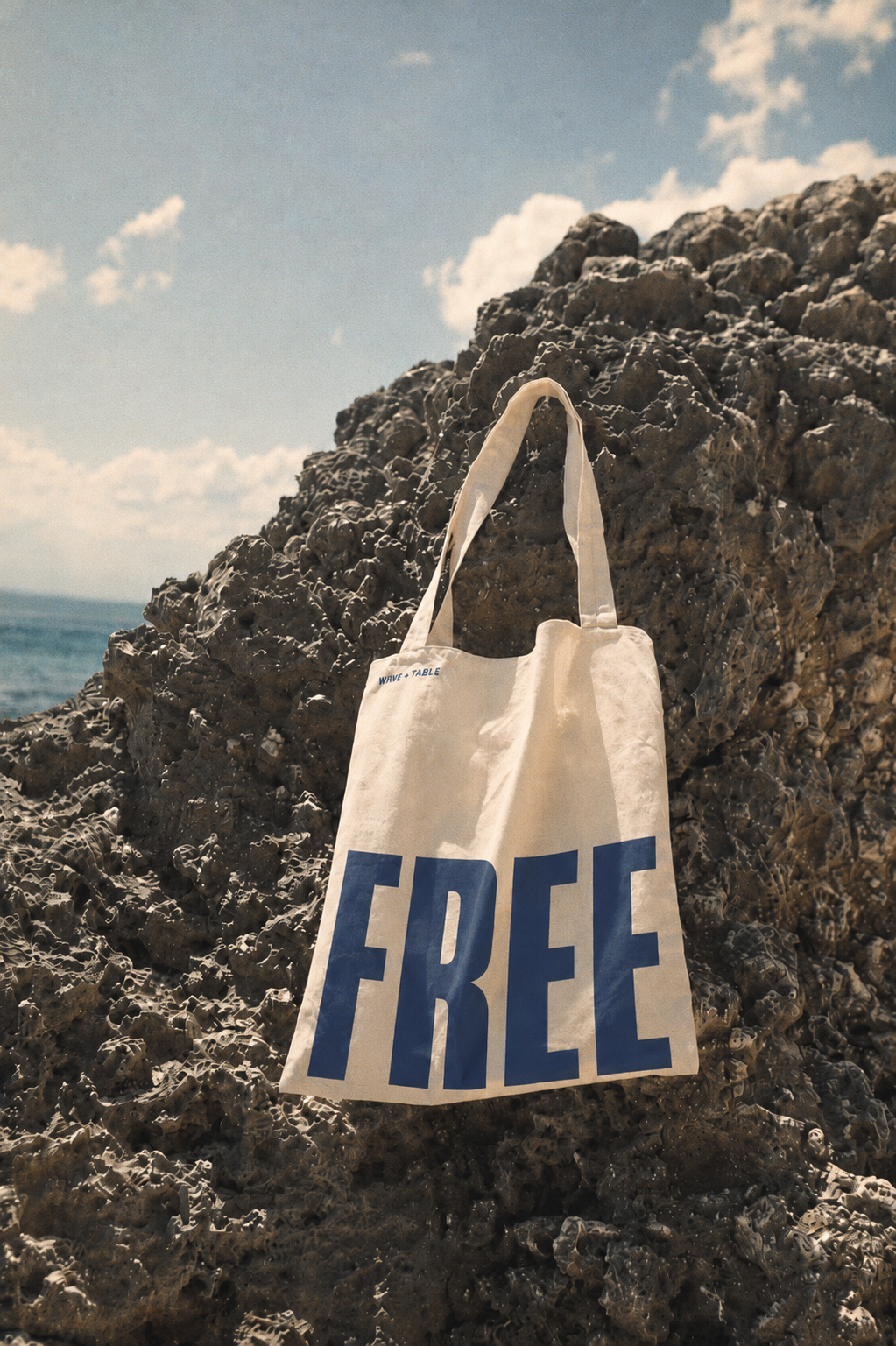 A tote bag hanging from a large rock on a beach, with the word 'FREE' printed in bold blue letters.