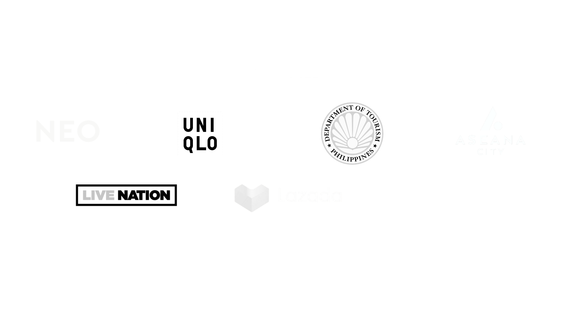 A collection of logos from various brands and organizations, including Globe, Ayala Malls, Google, NEO, UNIQLO, the Department of Tourism Philippines, Aseana City, Live Nation, Lazada, Urban Land Institute, Purina, BPI, and others.