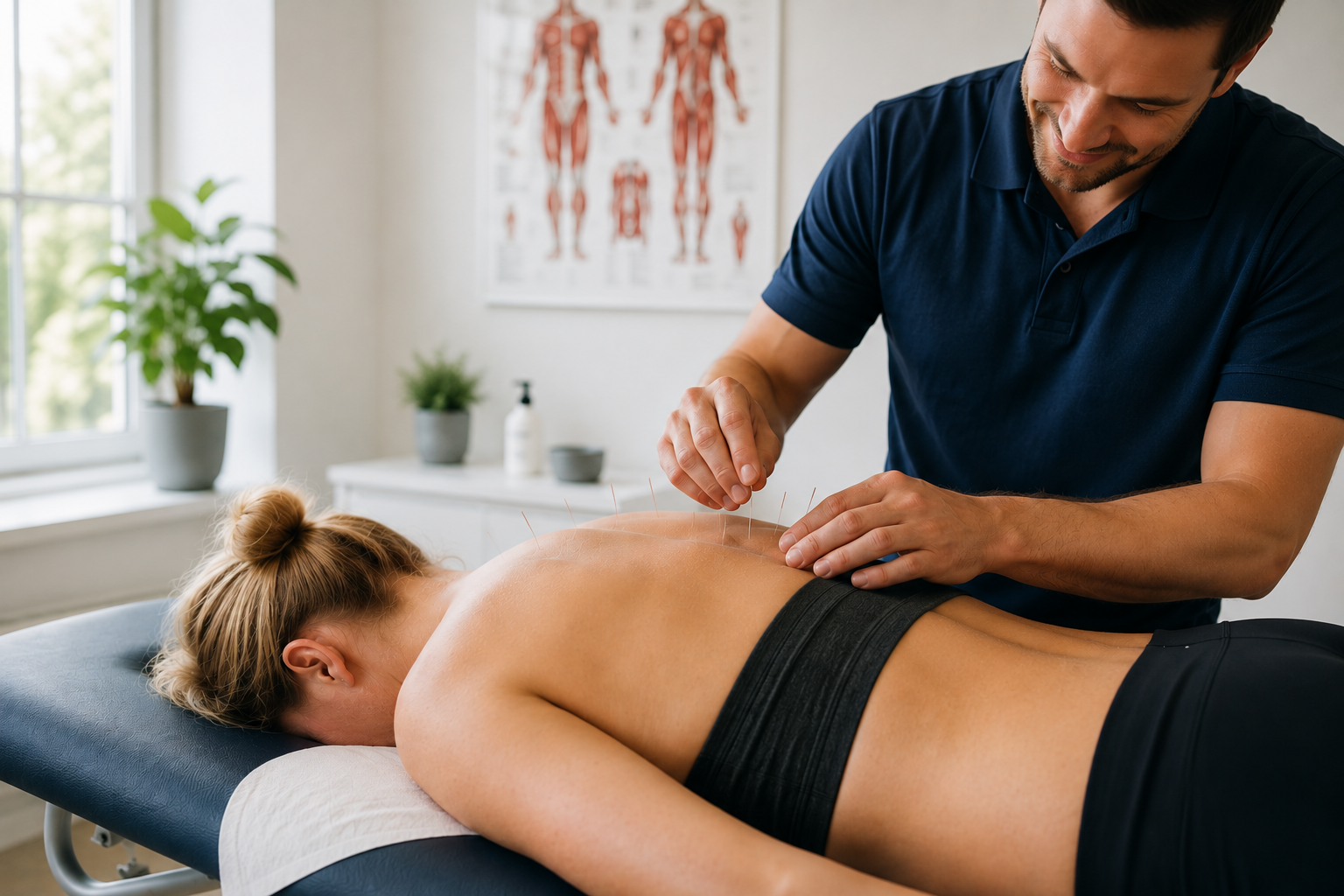 En mand får akupunktur på ryggen af en kvinde, der ligger på en massagelænestol i en klinik med naturskildring og medicinske plakater i baggrunden.