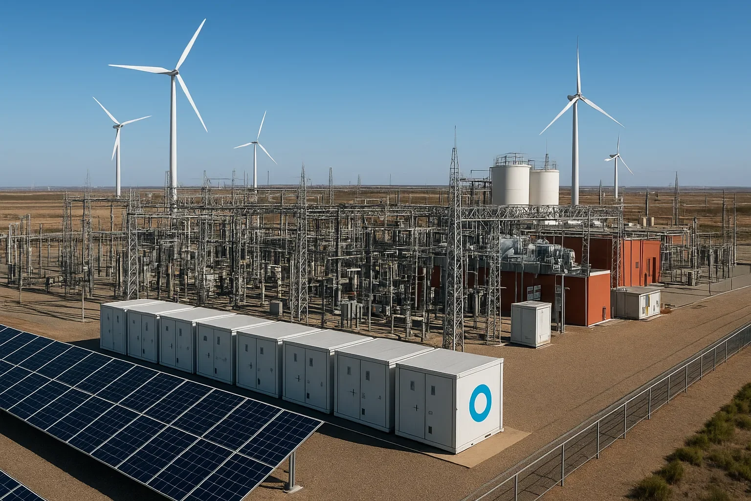 Wind farm with substation, battery storage and solar array, where a flywheel delivers grid frequency stabilization without the cycle damage a battery takes from high-frequency duty