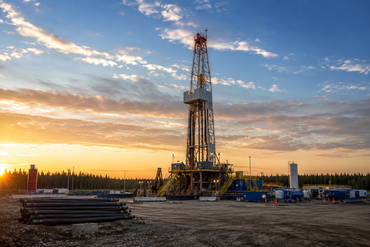 Oil drilling rig at sunset with equipment and pipelines on site.