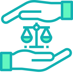 Icon of two hands holding a scale, representing justice or legal fairness.