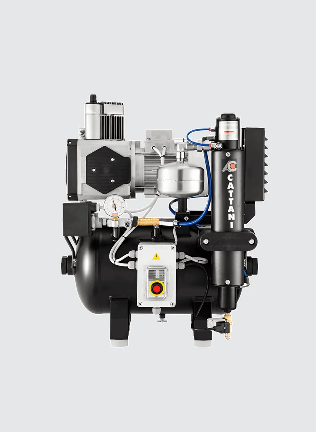 A close-up of a CATTANI vacuum pump with various metal and plastic components, gauges, and tubes against a plain light gray background.