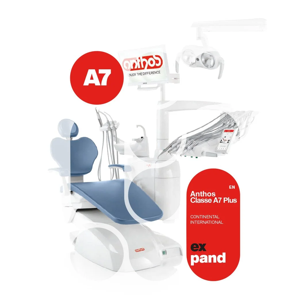 An image of a modern dental chair and equipment along with promotional text for the Anthos Classe A7 Plus dental system, including branding and product details.