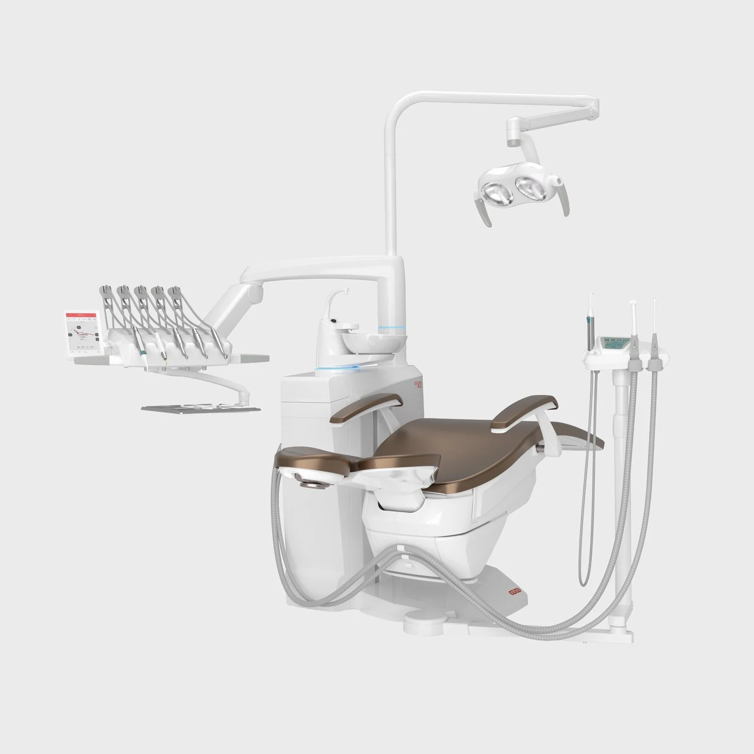Modern dental chair with attached dental tools, overhead light, and monitor in a sterile dental clinic.