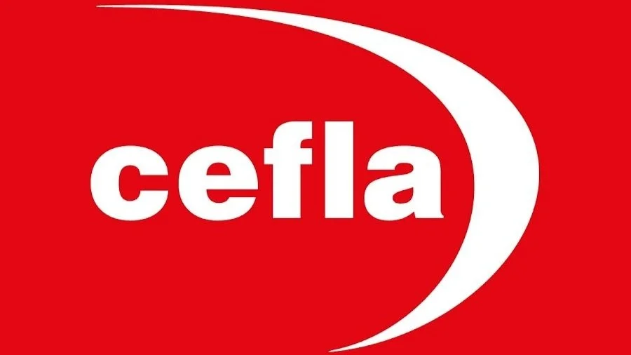 Cefla logo with the text 'cefla' in lowercase white letters on a red background with a white swoosh design.
