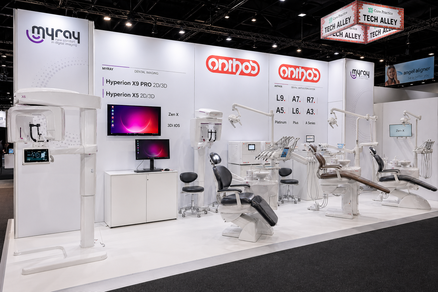 Exhibition booth showcasing dental imaging and equipment, including dental chairs, monitors, and X-ray machines, with branding from MYRAY and ANTHOS at a trade show.