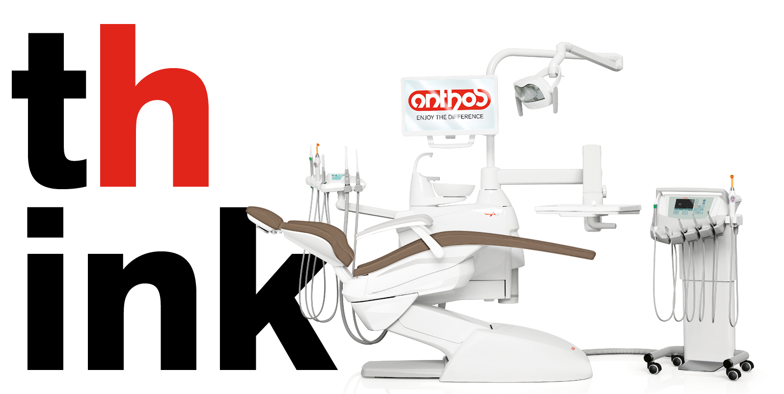 Dental treatment room with a dental chair, overhead light, and dental tools, with a red background and a monitor displaying the logo 'conto' and the phrase 'Enjoy the Difference'.