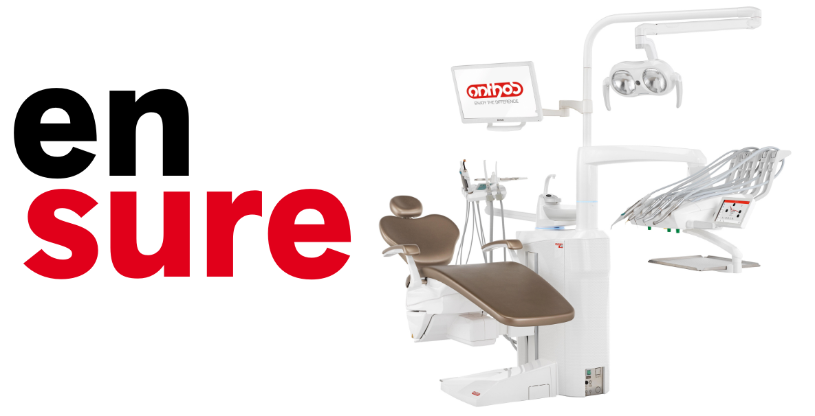 Dental chair and equipment with the words 'en sure' in large black and red letters on a white background.