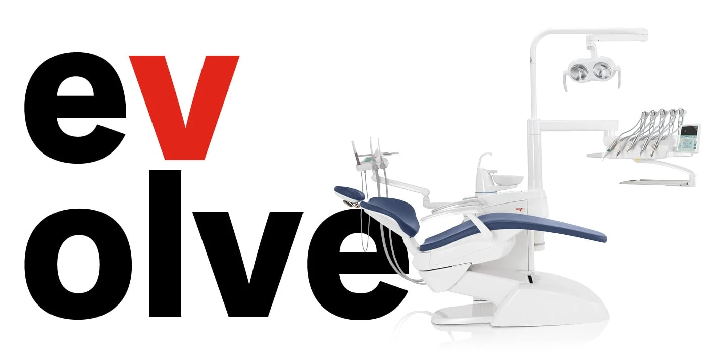 The image features bold text with the words 'ev' in red and 'olove' in black. There is a dental chair and dental equipment on the right side of the image.