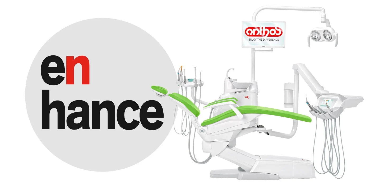 Dental chair and equipment with the text 'enhance' in bold black and red letters and a gray circle backdrop.
