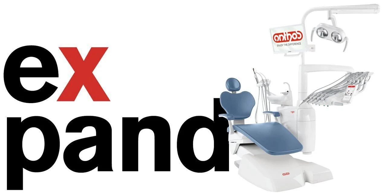 A combination graphic of large black and red text saying "ex" and "panda" with a dental chair and equipment on the right.
