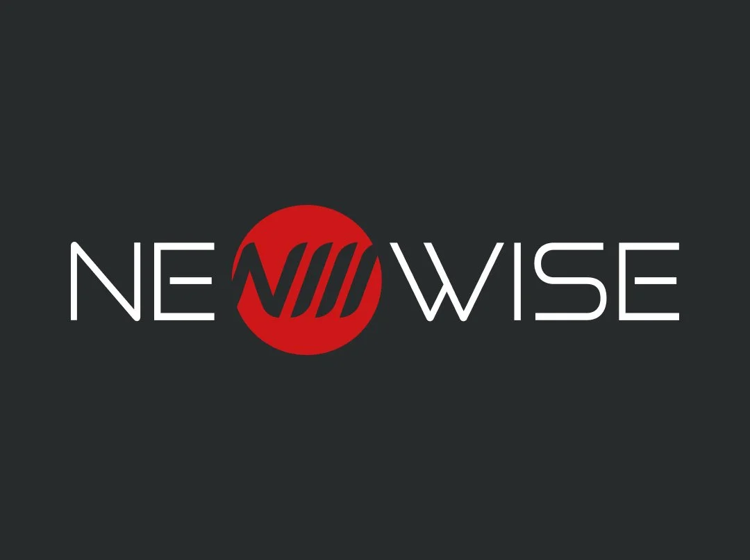 Logo with the word 'NEW WISE' in white font, with a red circle and a black stylized 'W' in the center.