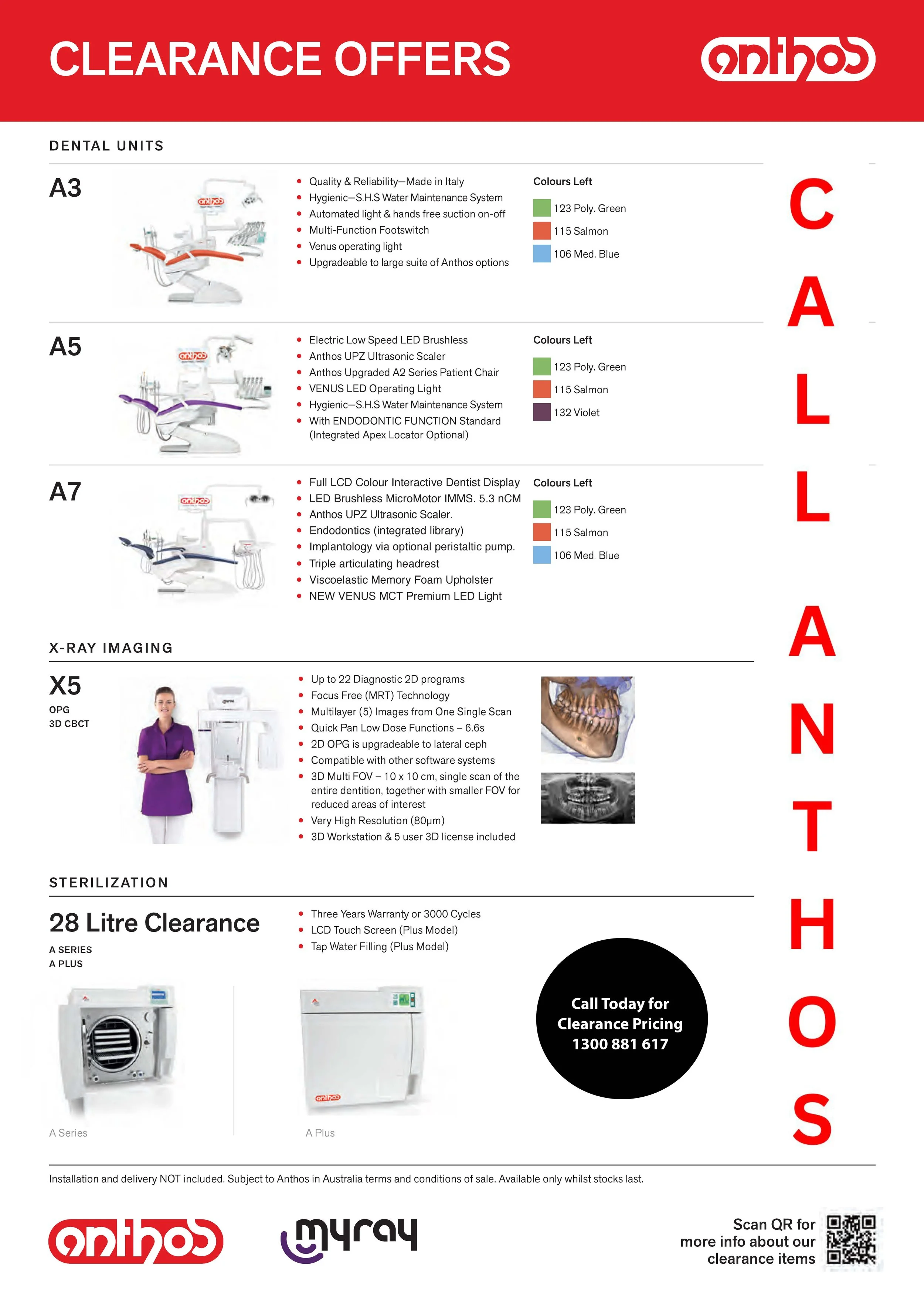 A flyer advertising clearance offers on dental units, X-ray imaging, and sterilization products from Anthos, featuring product images and descriptions, with large red letters spelling Call Anthos ertically on the right side.