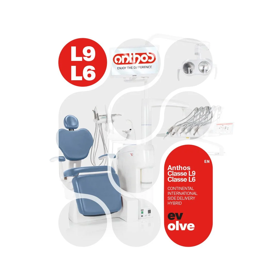 Cover of a dental equipment catalog featuring a blue dental chair and various dental tools, with text indicating it is for intermediate to advanced dental classes L9 and L6, published by EV Olive.