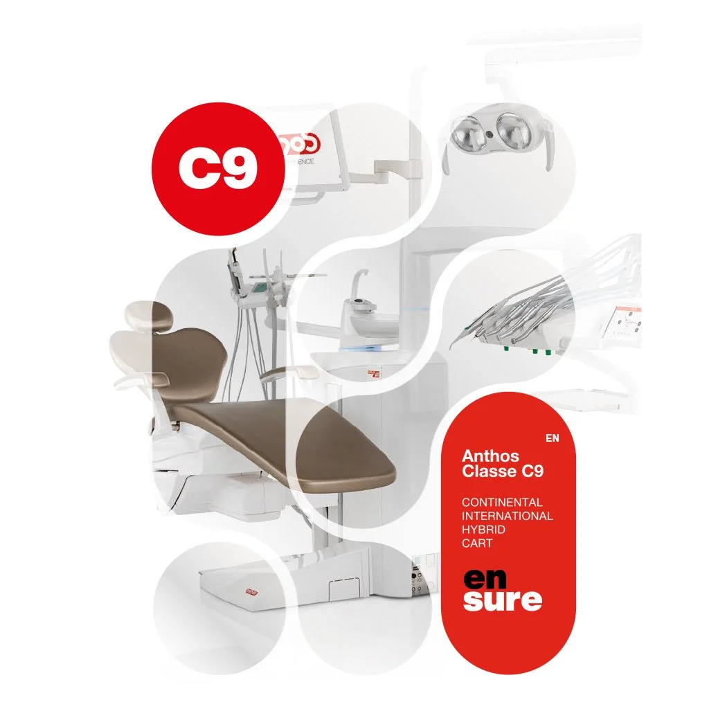 Design poster for Anthos Classe C9 dental equipment, featuring images of dental chair, surgical tools, dental imaging devices, and dental light with red and white branding.