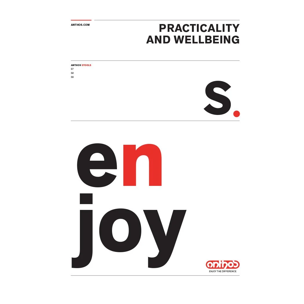 Magazine page titled "Practicality and Wellbeing" with the words "en joy" in large black and red letters, and a small logo at the bottom right corner reading "anthos."