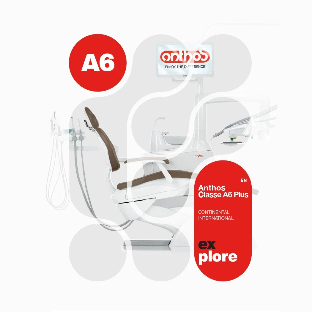 Dental chair with attached equipment, computer monitor, and promotional graphic for the Anthos Class A6 Plus dental system by Explotre, featuring red circular labels with white and black text, set against a white background.