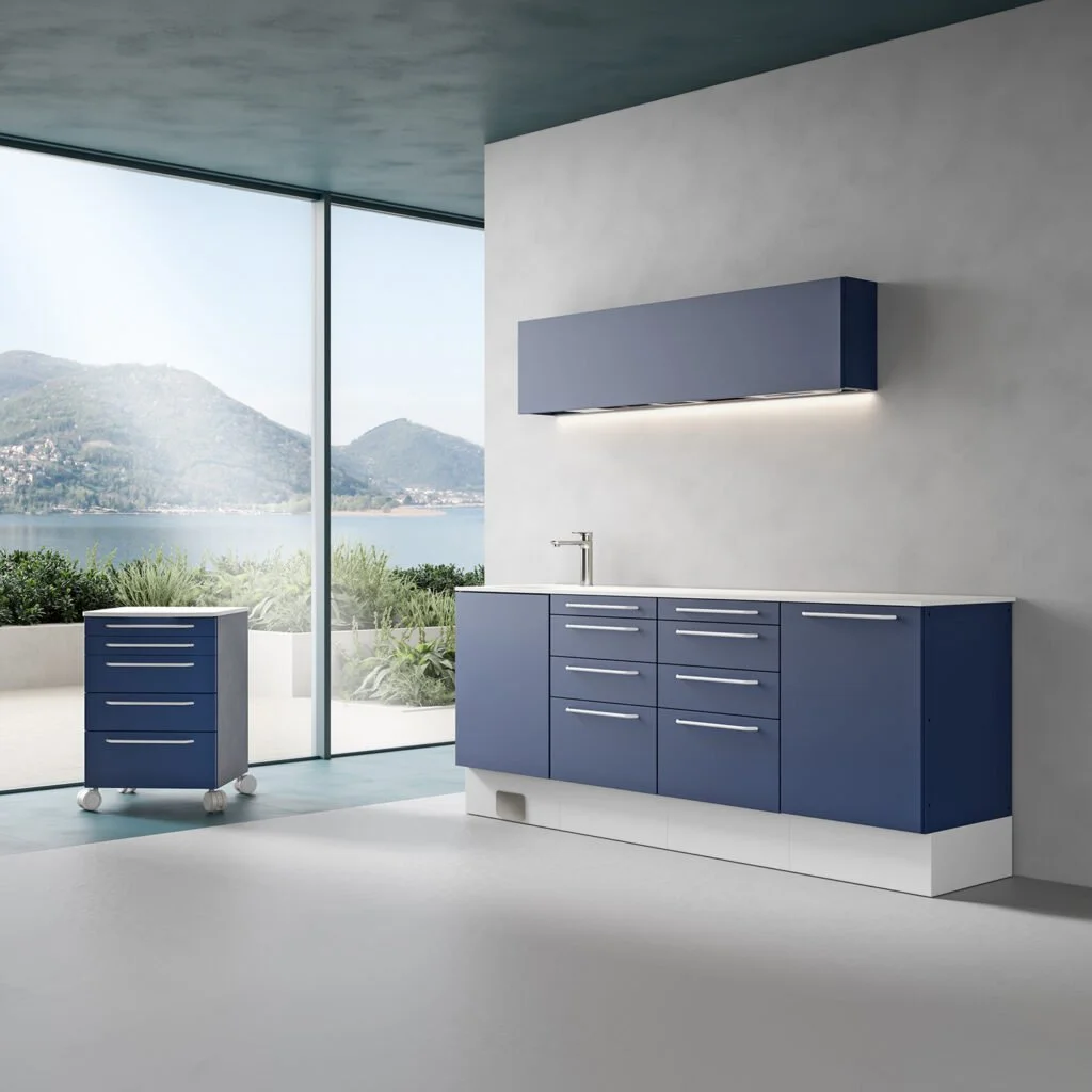 Modern kitchen with blue cabinets and drawers, a wall-mounted blue cabinet, a small blue rolling cart, large windows overlooking a landscape of hills and water.
