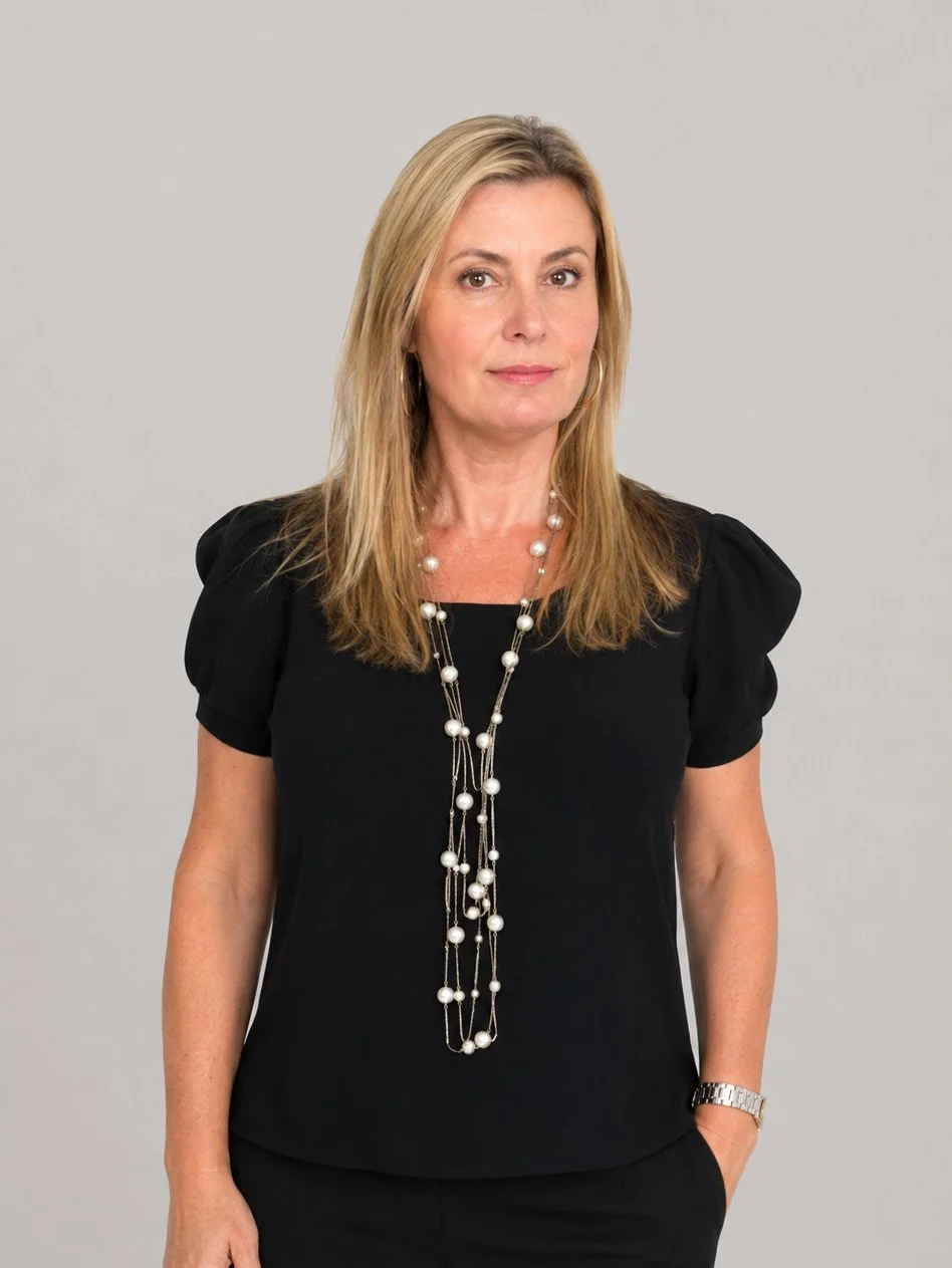 A middle-aged woman with blonde hair wearing a black top with puffed sleeves, a pearl necklace, and a silver watch posing against a plain gray background.