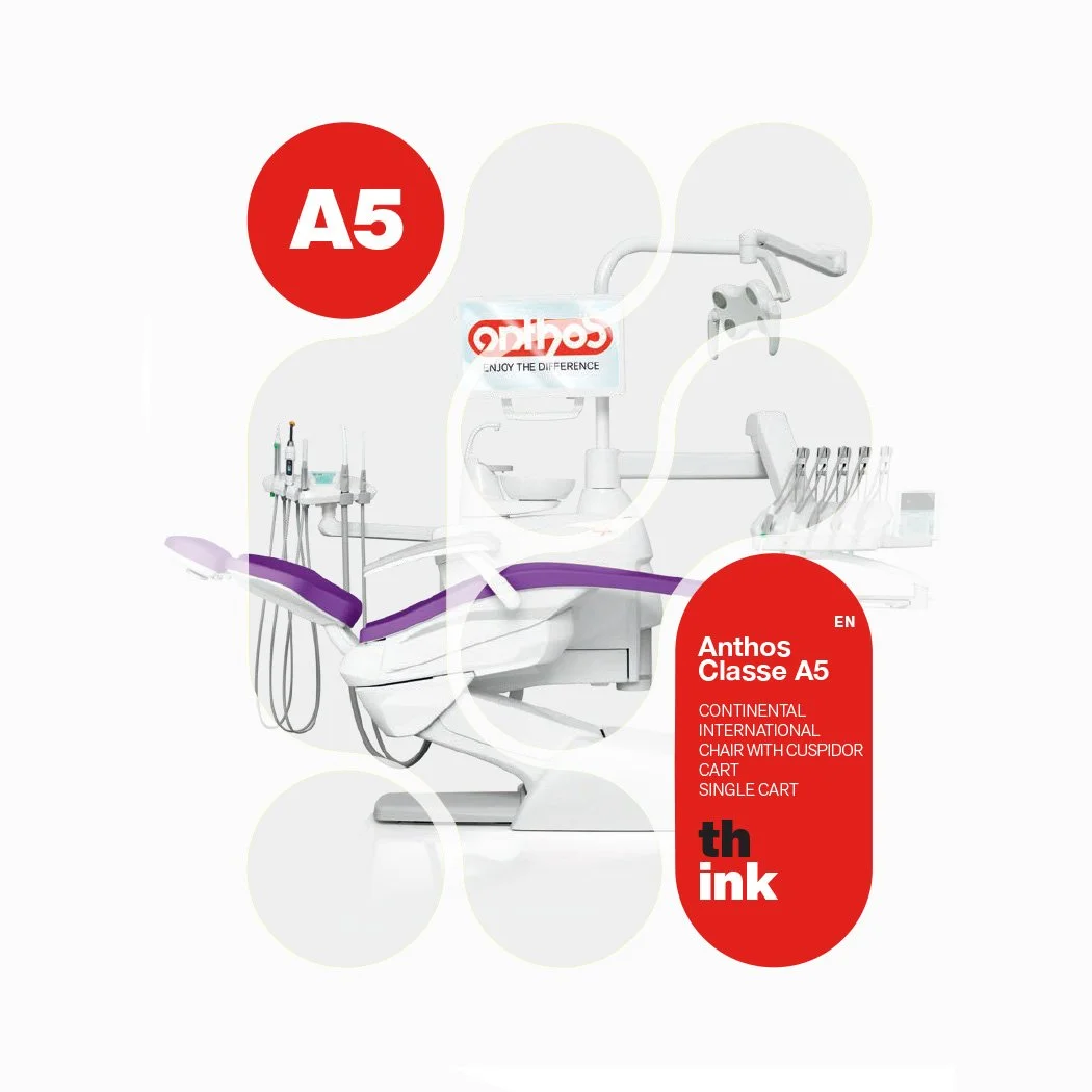 Dental chair with attached dental tools and equipment, displayed on a white background with red and white text indicating A5 class dental chair, brand name 'Anthos', and features such as 'CONTINENTAL INTERNATIONAL, CHAIR WITH CUSPIDOR CART, SINGLE CART'.