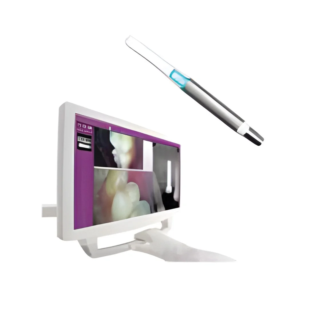 A computer monitor displaying a medical image, with a virtual reality or 3D imaging device floating above it