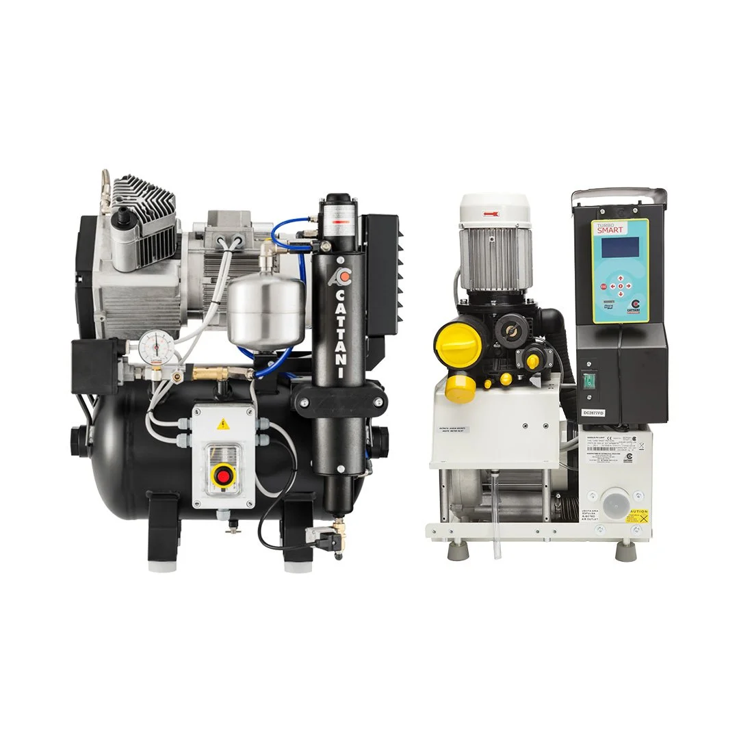 Two industrial machines, one large black and silver compressor on the left, and a smaller white and black machine with a digital display on the right, against a plain white background.