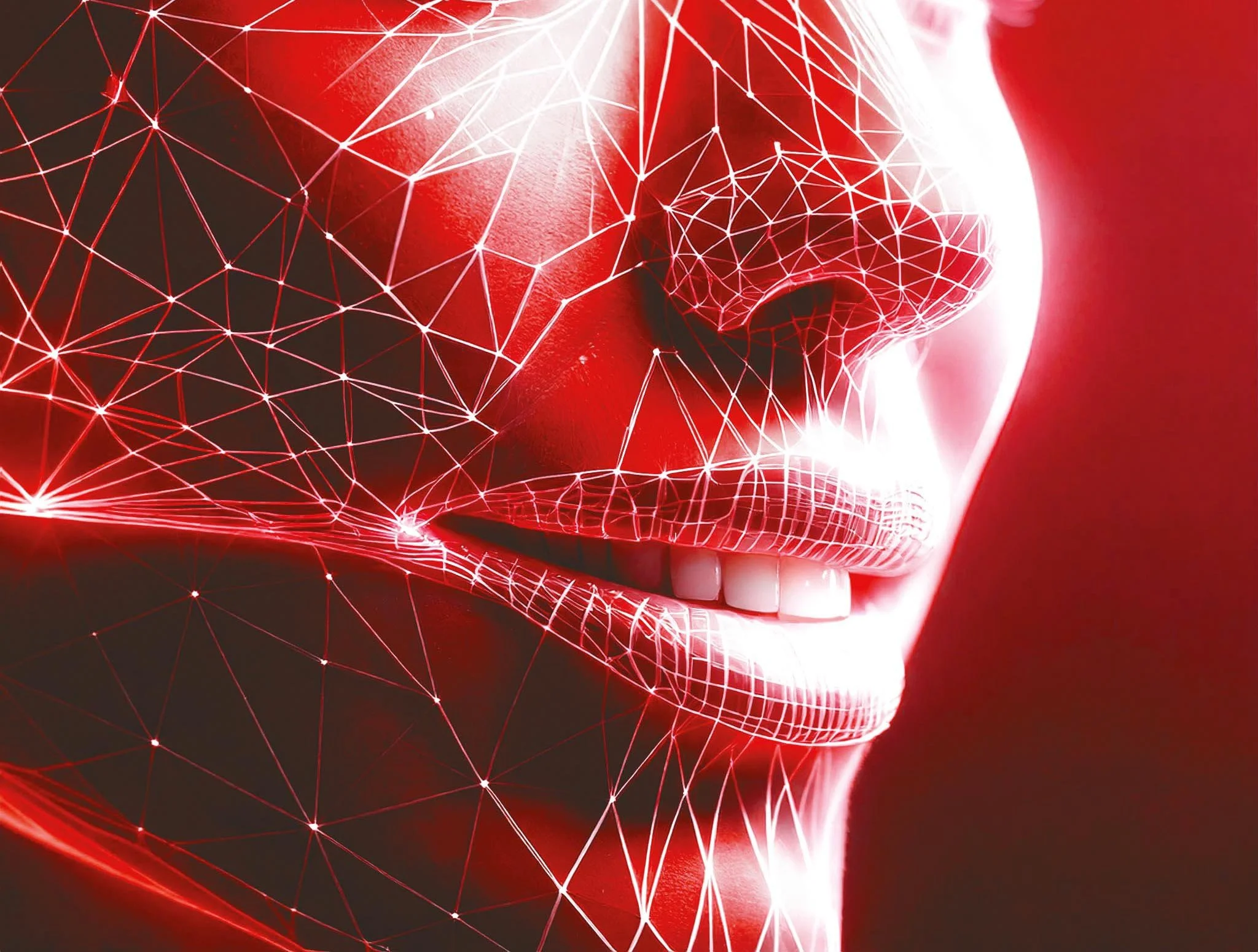 Close-up of a human hand with digital network overlay, highlighting the index finger, with a red background.