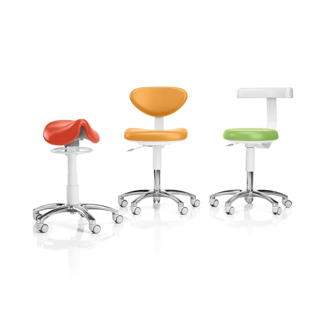Three colorful office chairs with wheels, white bases, and different colored seats and backs, arranged in a row on a white background.