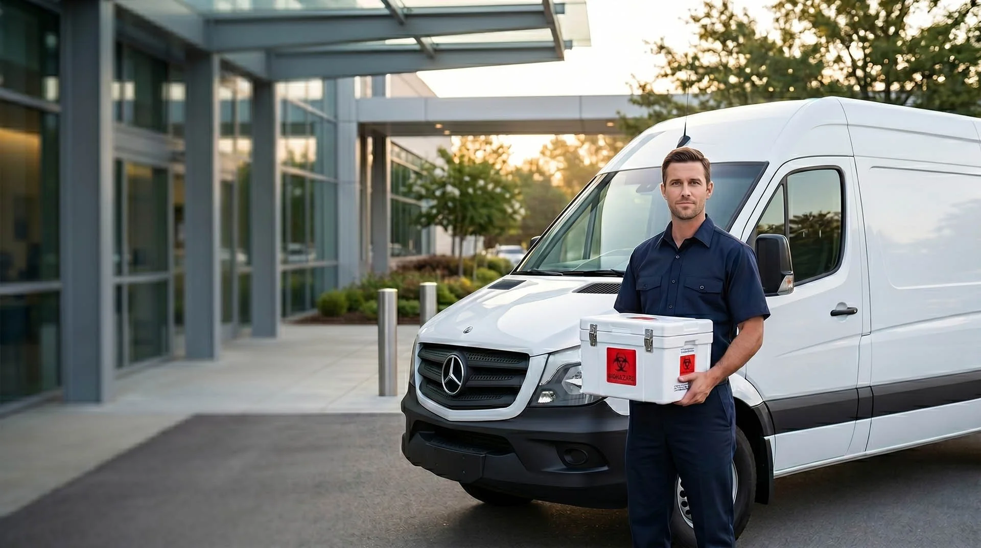 A man holding a biohazard container in front of a white delivery van outside a modern building during sunset.