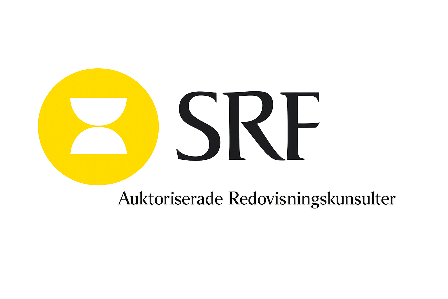 En digital bild med texten 'Auktoriserade Redovisningskonsulter' och en gul symbol på vänster sida. Cirka i mitten står bokstäverna 'SRF' i svart.