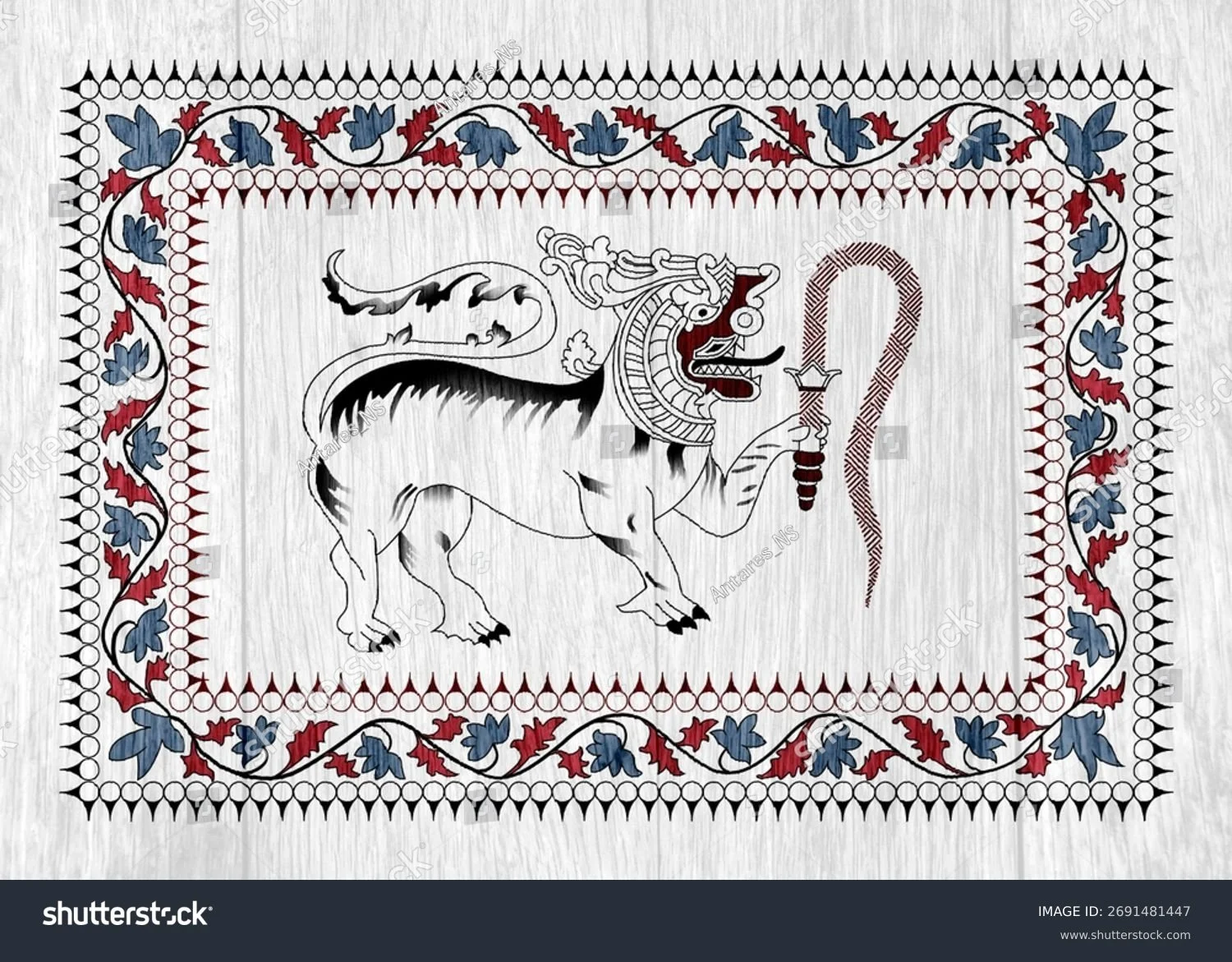 Illustration of a lion holding a sword, framed by a decorative border of red and blue leaves on a light background.