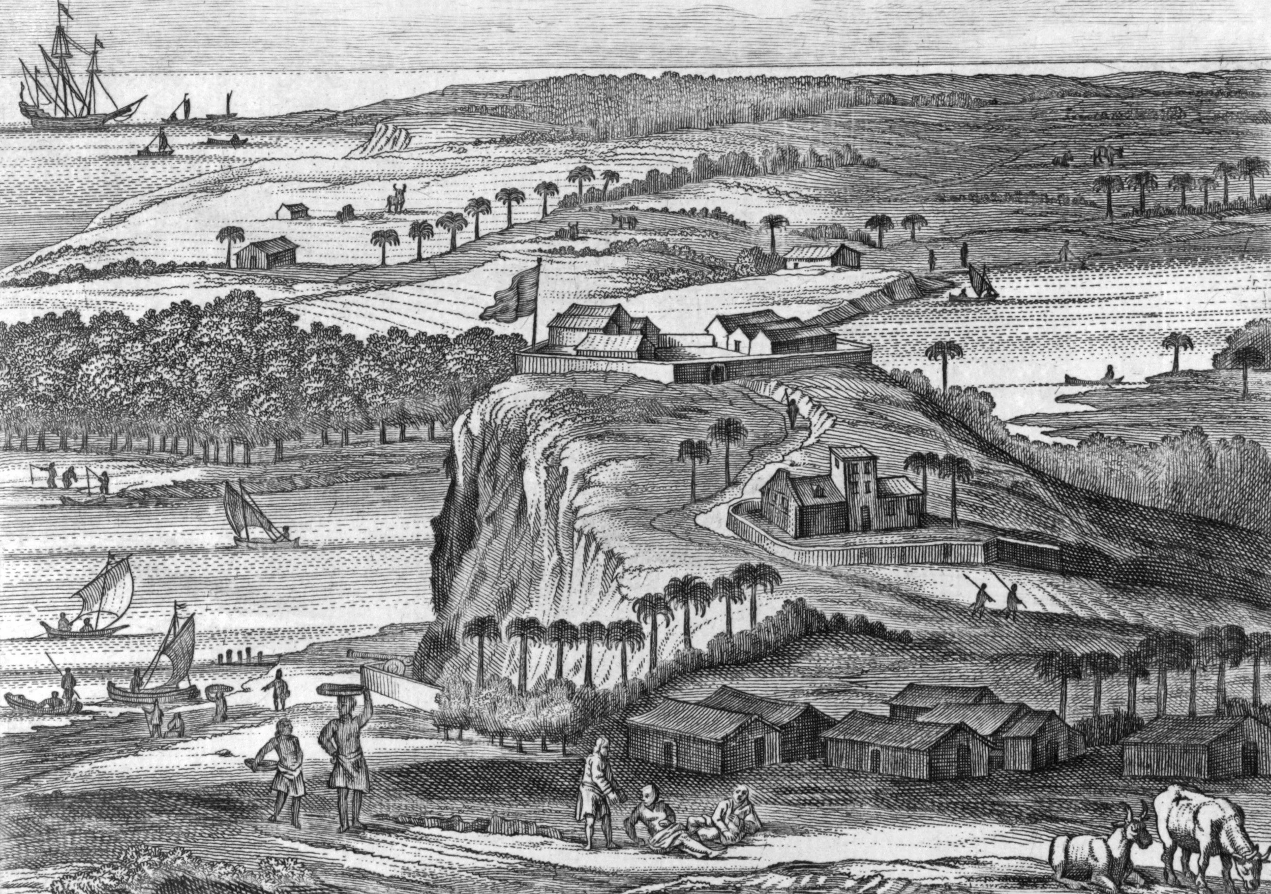 A detailed black and white drawing of a historical landscape featuring ships at anchor offshore, rolling hills, palm trees, small buildings, and people engaging in various activities like walking, sailing, and work near a river.