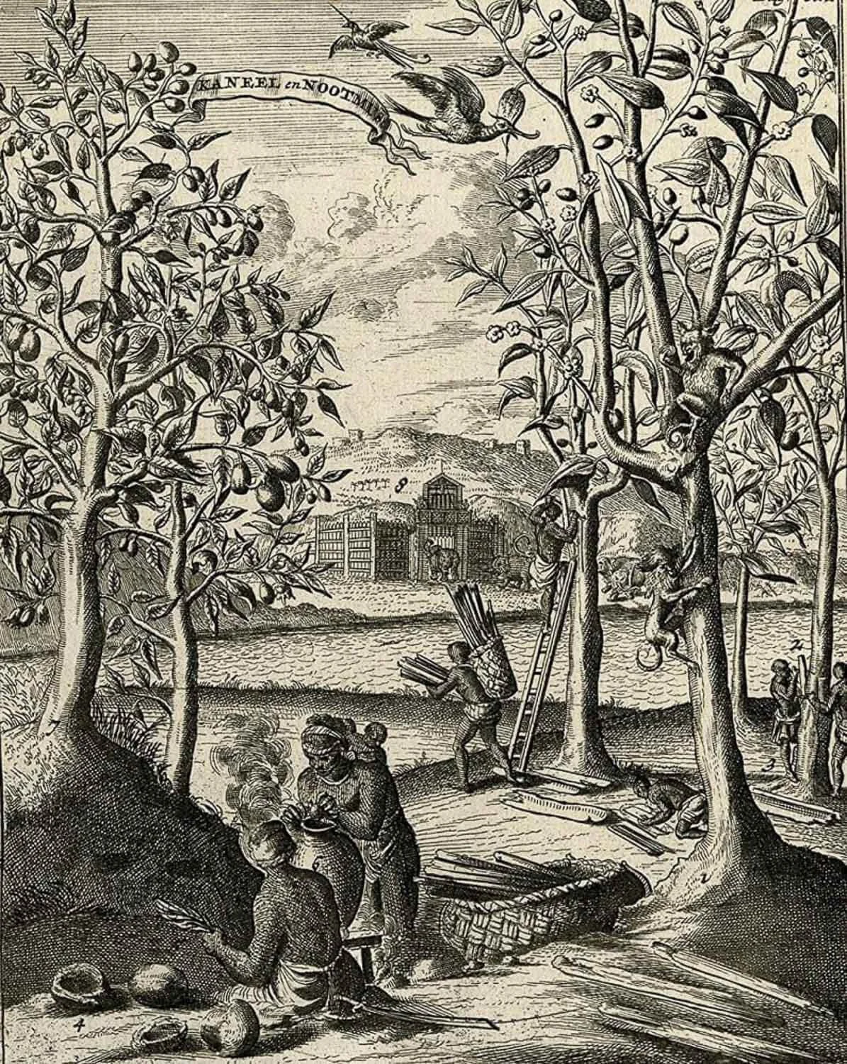 A detailed black and white illustration of an outdoor scene with trees, people working and socializing, a river, and a distant building or city in the background.