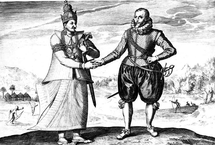 Historical black and white illustration of a king and a man in traditional attire shaking hands outdoors with a rural background.