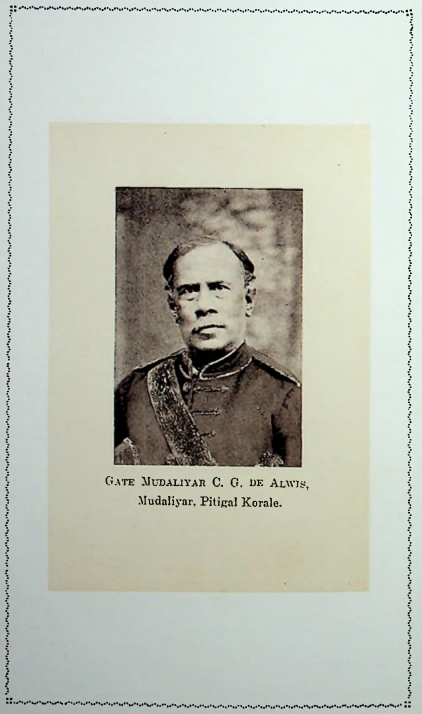 Black and white photograph of Gateway Mudaliar C. G. de Alwis, a man in a military uniform with a sash, with a serious expression, on a piece of paper with text indicating his name and location.