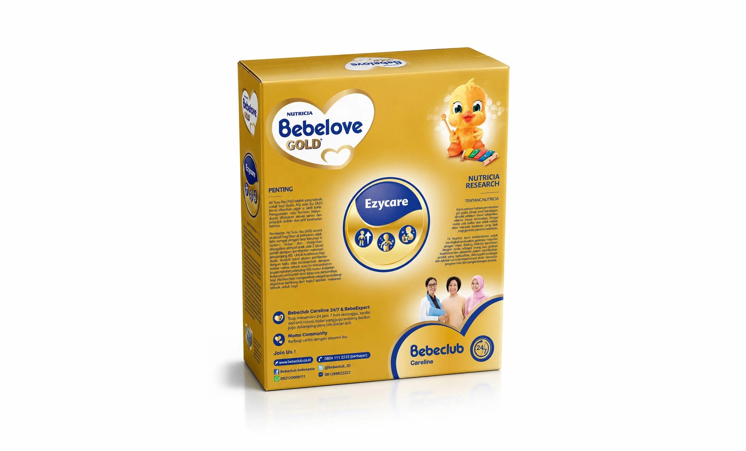 A side-angle view of a gold Bebelove Gold baby formula retail box layout