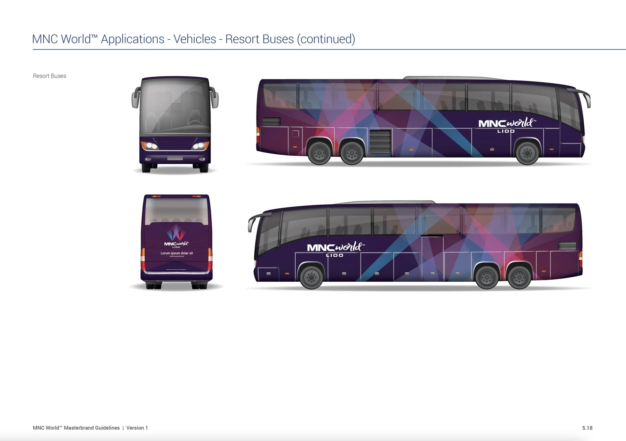Multi-angle fleet graphics wrap templates for a large commercial tour bus in MNC Park colors