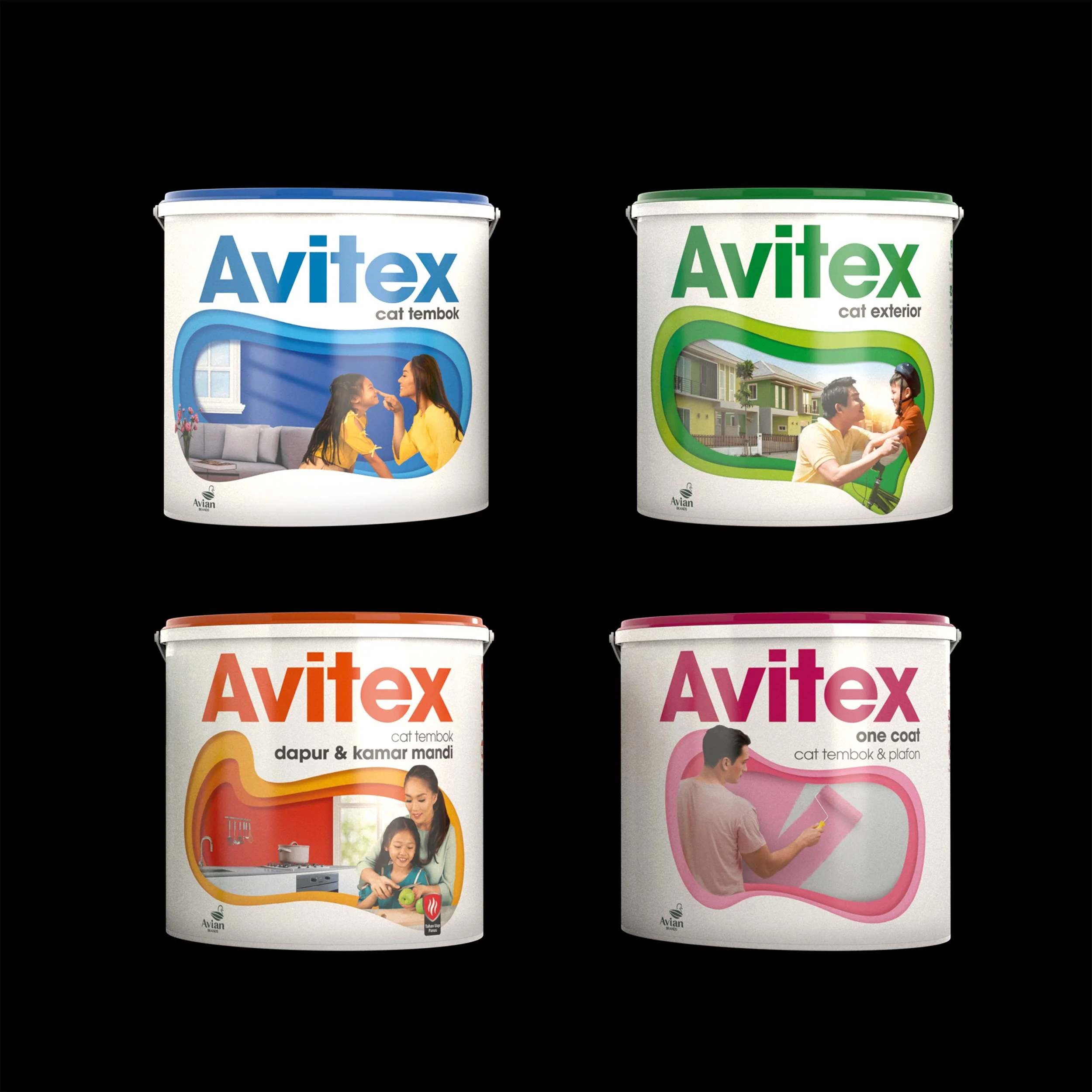 A grid of four Avitex paint can design variants showing diverse family lifestyle illustrations
