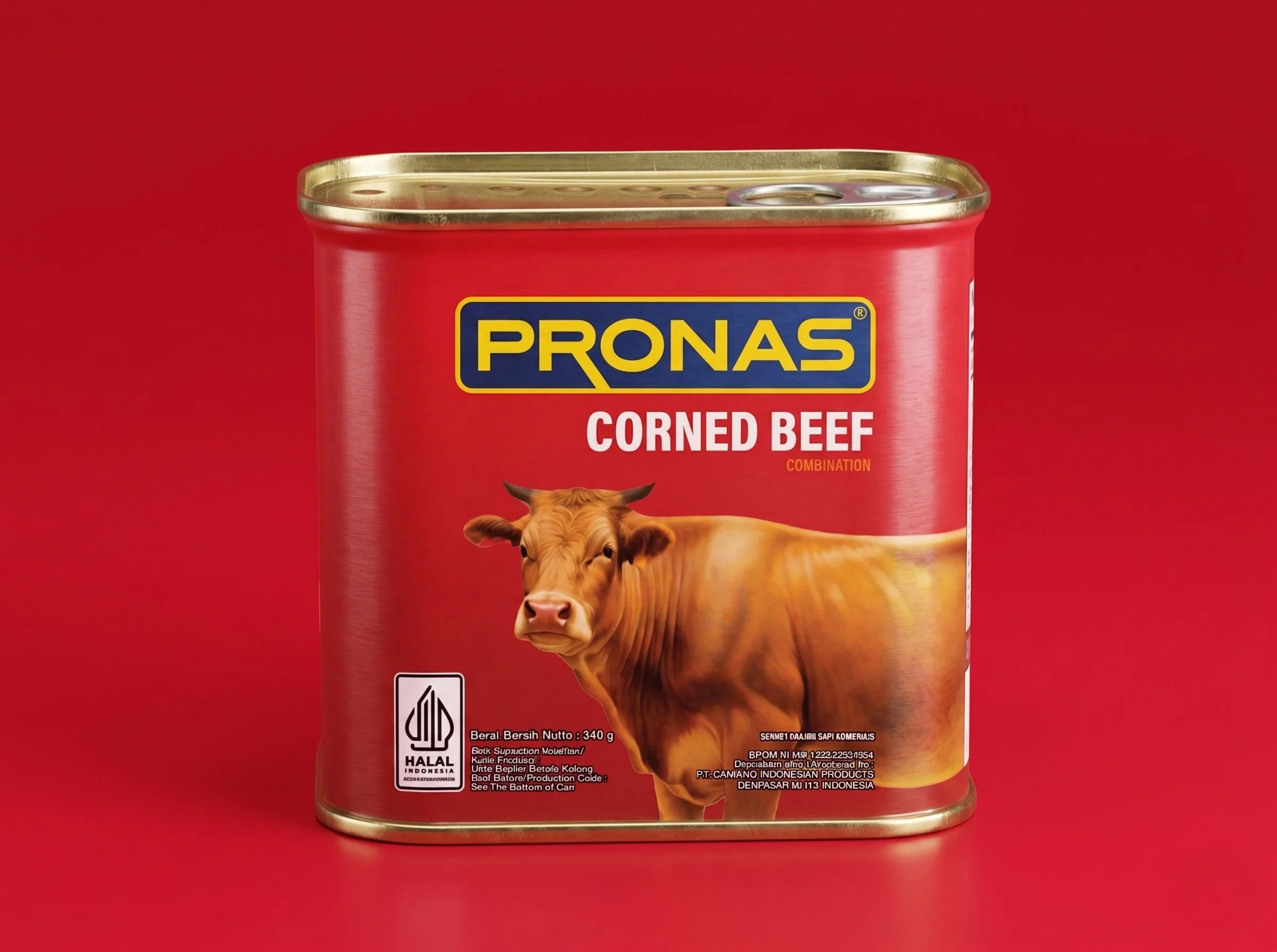A red PRONAS Corned Beef can on a solid red background