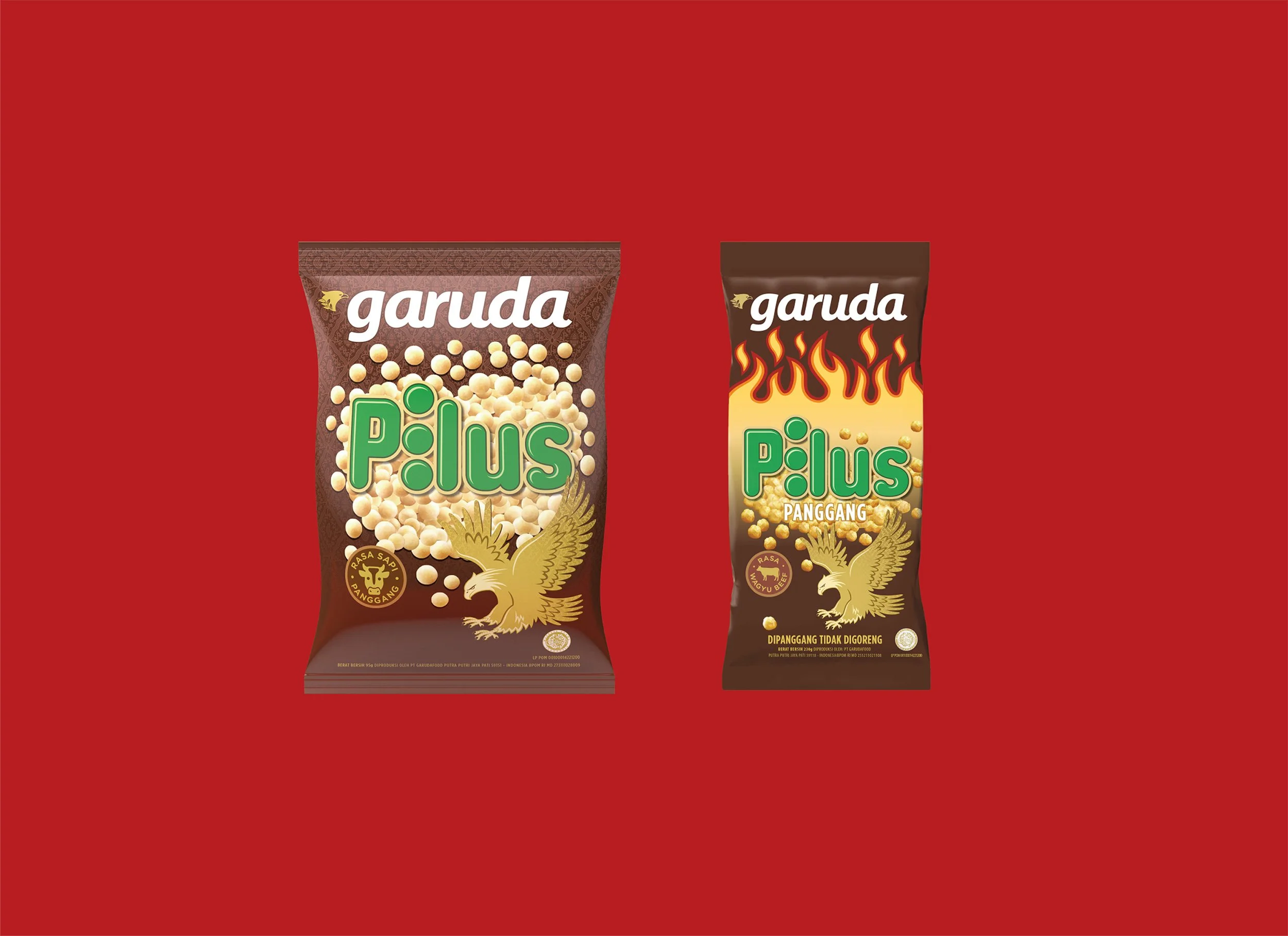 Garuda Pilus snack packaging — sapi panggang and wagyu beef flavour