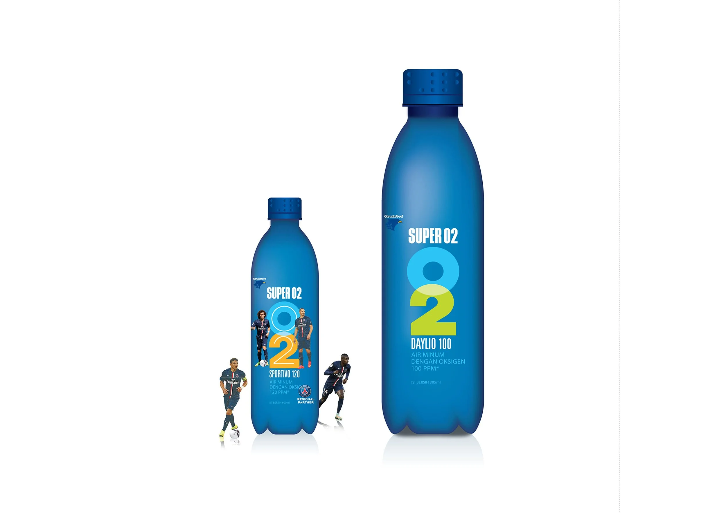 Two blue Super O2 sports water bottles packaging design in 2 different size
