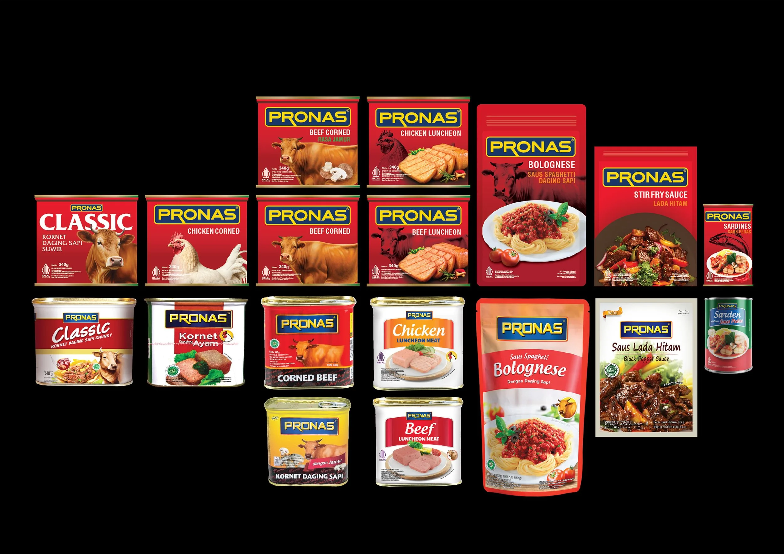A comprehensive display grid of multiple PRONAS canned foods and sachet before and after packaging rejuvenation